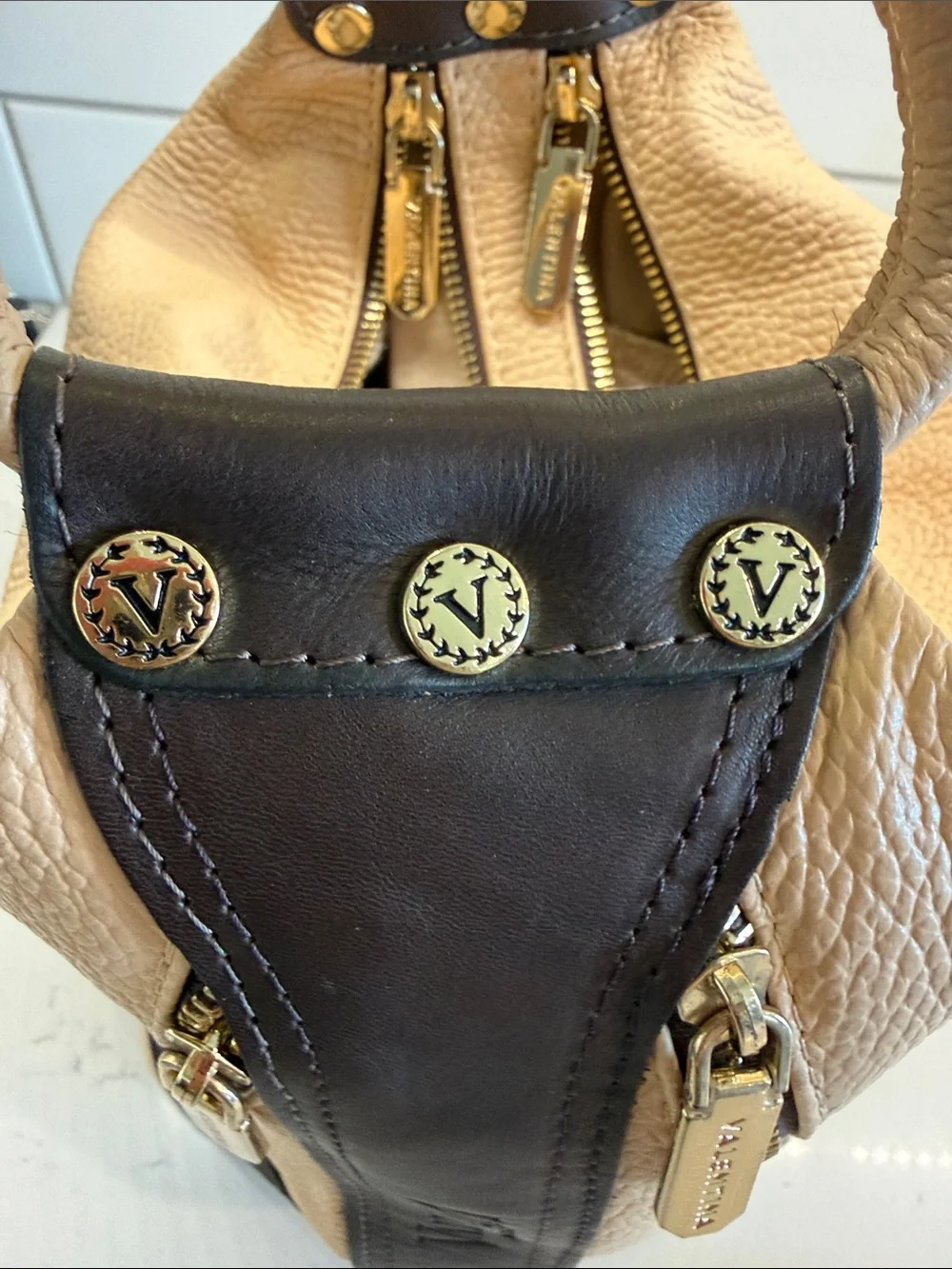Valentina  Beige and Dark Brown Leather Mini Backpack / Bag